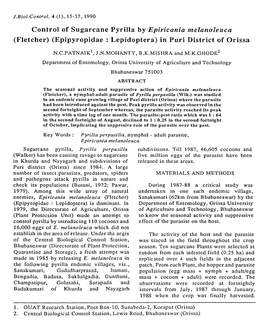 Control of Sugarcane Pyrilla by Epiricania Inelanoleuca (Fletcher) (Epipyropidae : Lepidoptera) in Puri District of Orissa