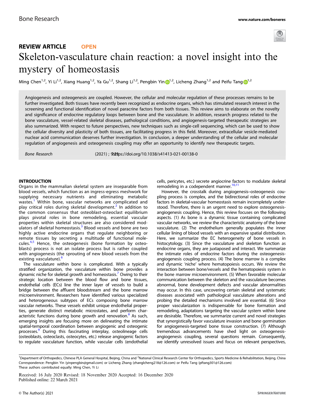 Skeleton-Vasculature Chain Reaction: a Novel Insight Into the Mystery of Homeostasis