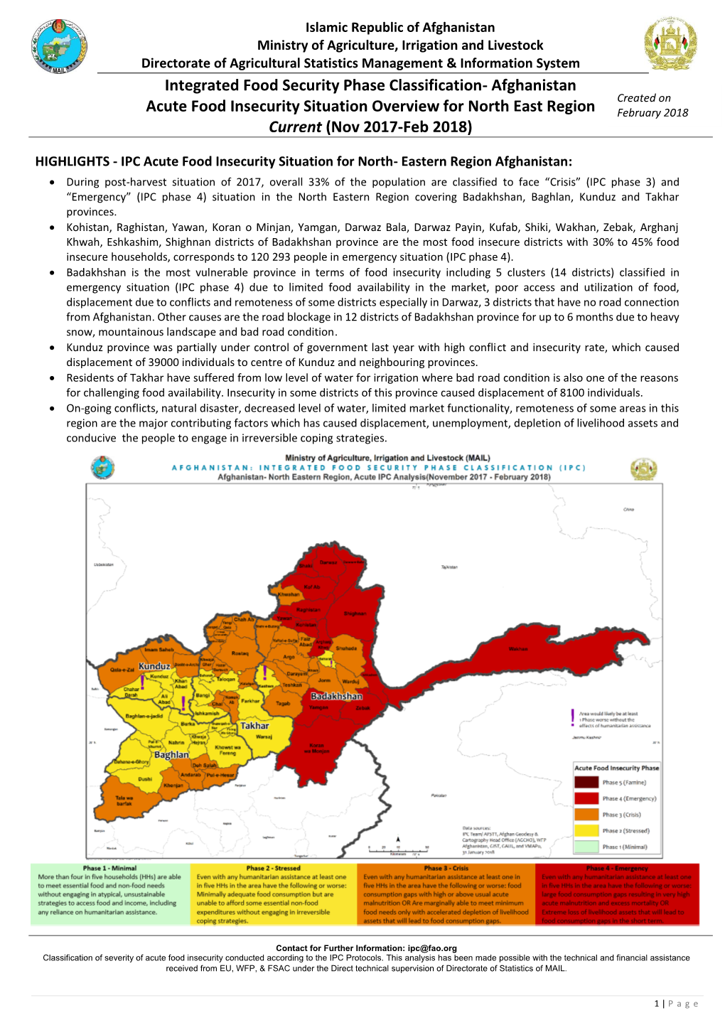 Afghanistan Acute Food Insecurity Situation Overview for North East