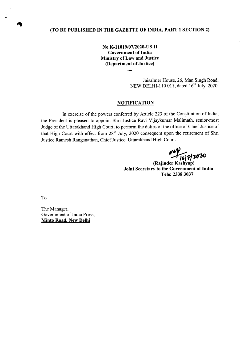 Orders of Appointment of Shri Justice Ravi Vijaykumar Malimath , Senior