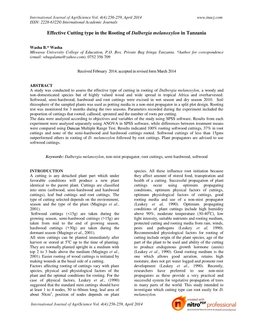 Effective Cutting Type in the Rooting of Dalbergia Melanoxylon in Tanzania