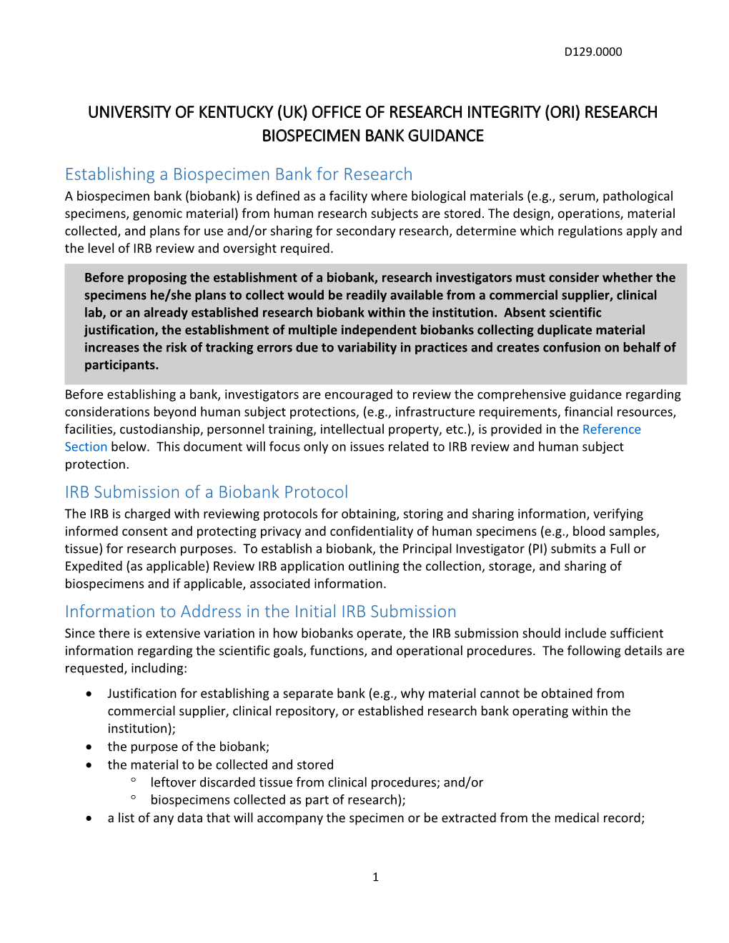 Biospecimen Bank Guidance