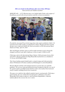 ISS Crew Lands in Kazakhstan After More Than 200 Days Daria Litvinova & Vladimir Isachnkov