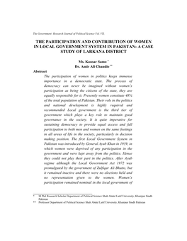 The Participation and Contribution of Women in Local Government System in Pakistan: a Case Study of Larkana District