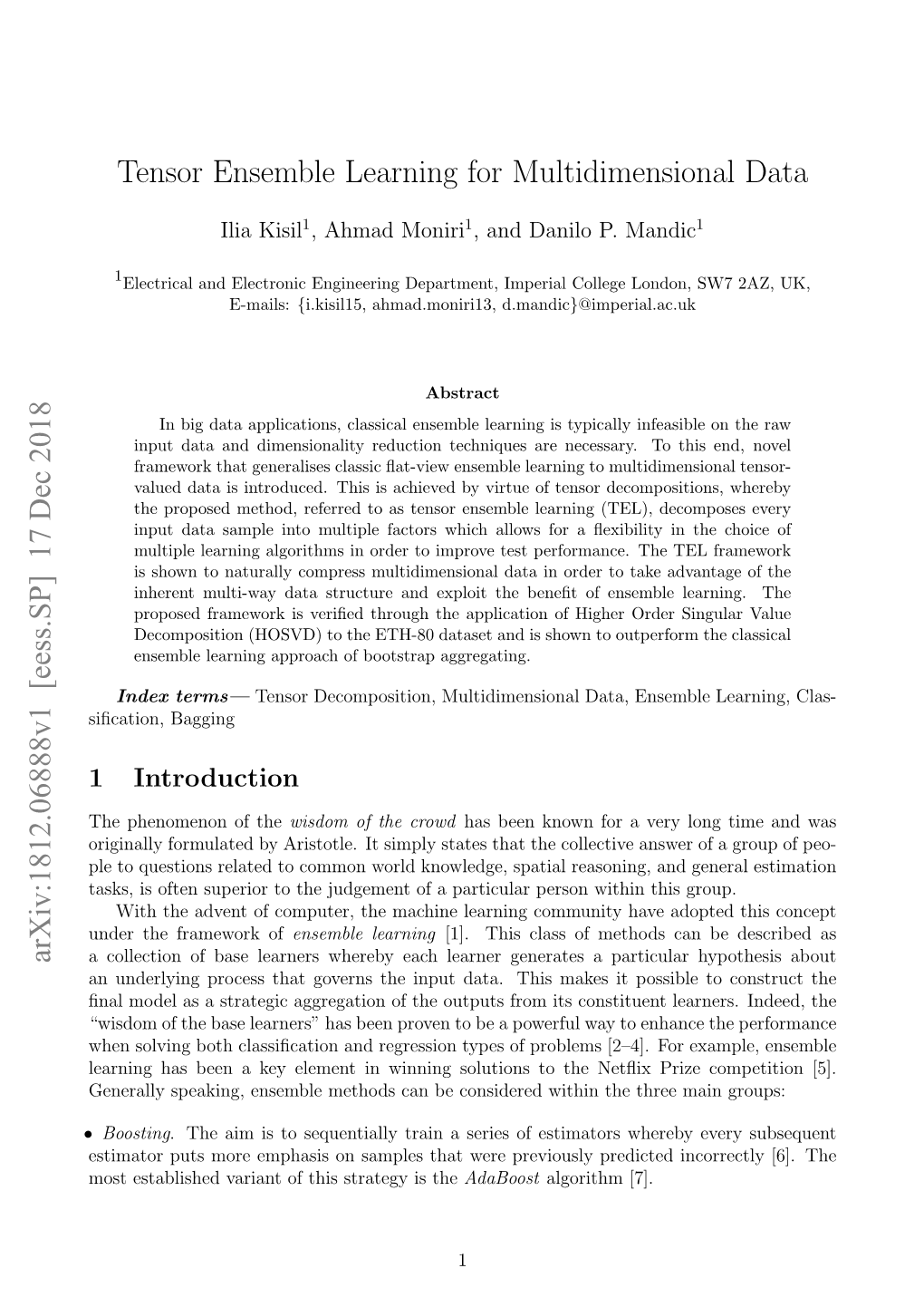 Tensor Ensemble Learning for Multidimensional Data