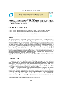 (Edirne, Turkey) and Assessment of Water Quality in Terms of Teeth Health