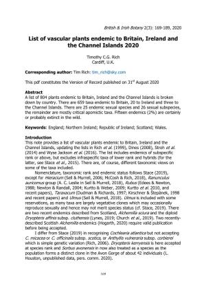 List of Vascular Plants Endemic to Britain, Ireland and the Channel Islands 2020