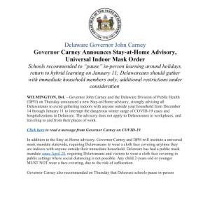 Governor Carney Announces Stay-At
