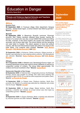 Education in Danger Monthly News Brief September Threats and Violence Against Schools and Teachers This Section Covers Events Affecting Schools and Teachers