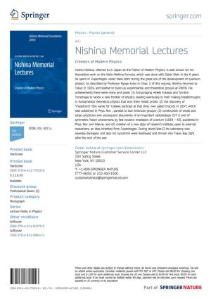 Nishina Memorial Lectures Creators of Modern Physics