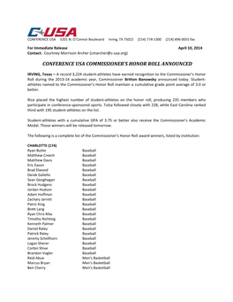 Conference Usa Commissioner's Honor Roll