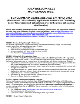 Half Hollow Hills High School West Scholarship Deadlines and Criteria 2013