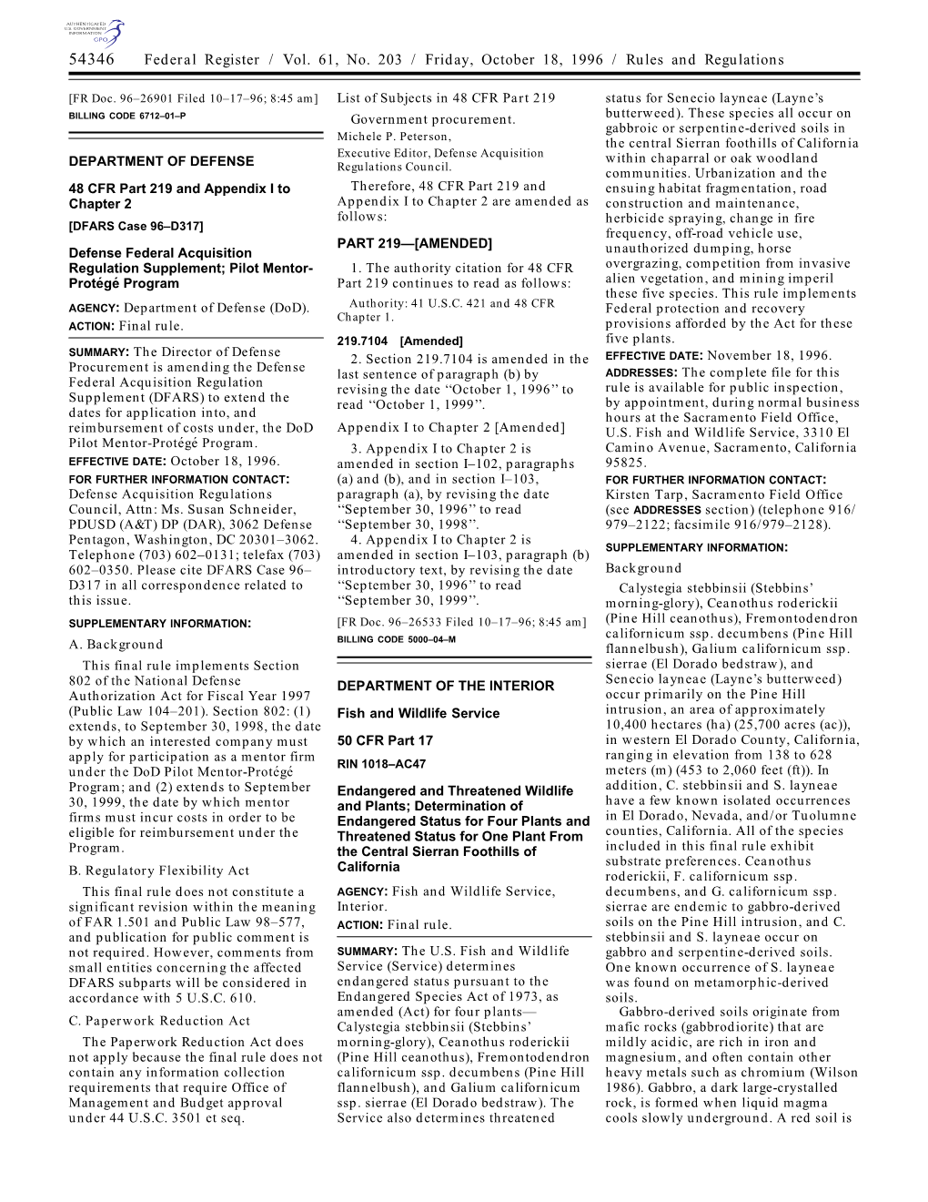 Federal Register / Vol. 61, No. 203 / Friday, October 18, 1996 / Rules and Regulations