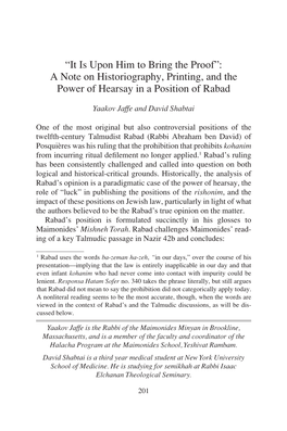 A Note on Historiography, Printing, and the Power of Hearsay in a Position of Rabad