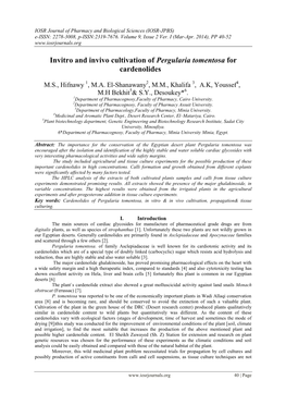 Invitro and Invivo Cultivation of Pergularia Tomentosa for Cardenolides