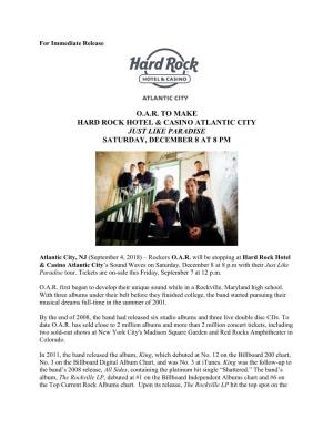 O.A.R. to Make Hard Rock Hotel & Casino Atlantic City Just Like Paradise Saturday, December 8 at 8 Pm