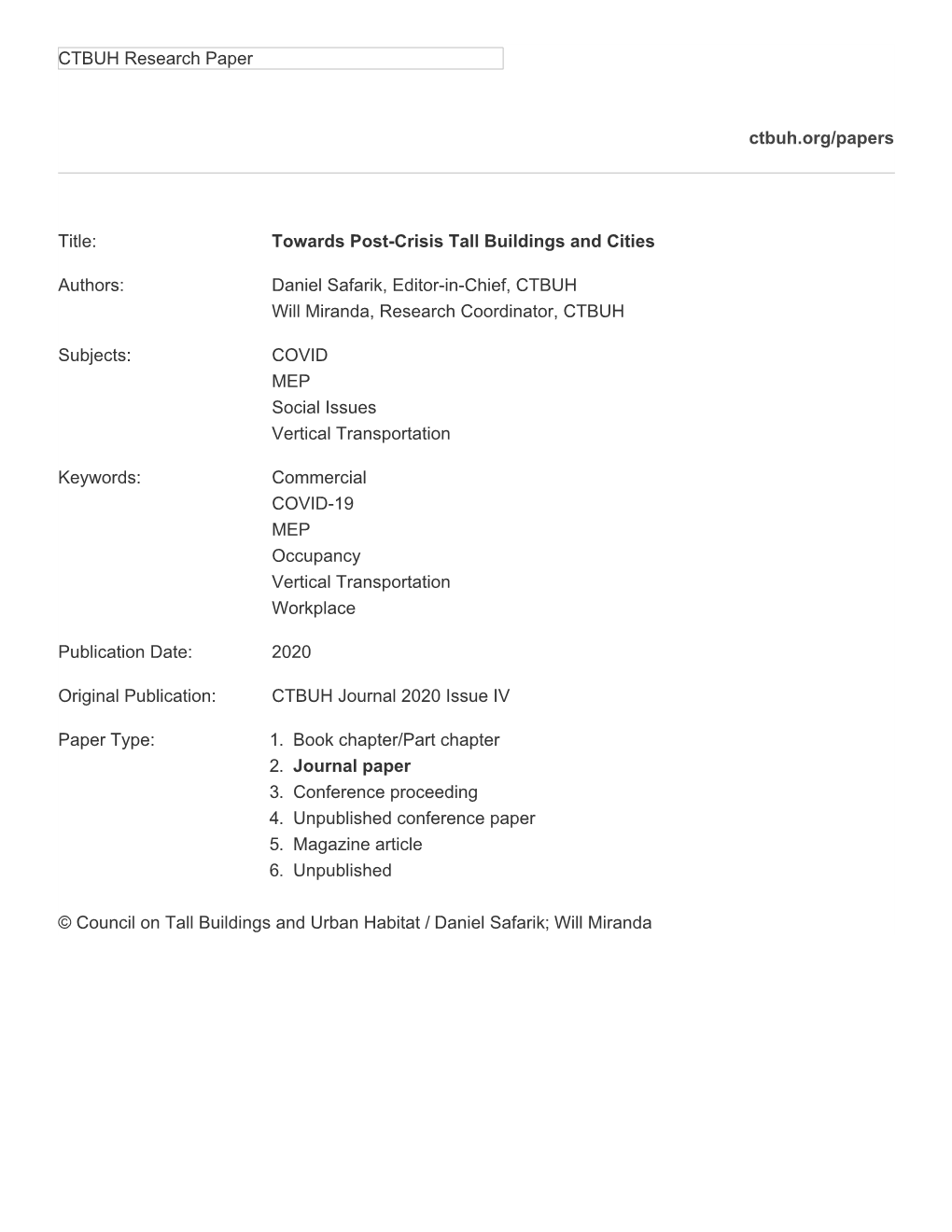 CTBUH Research Paper Title: Towards Post-Crisis Tall Buildings