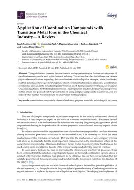 Application of Coordination Compounds with Transition Metal Ions in the Chemical Industry—A Review