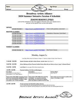 Broadway Artists Alliance 2020 Summer Intensive Session 4 Schedule