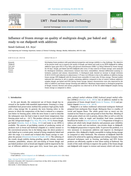 Influence of Frozen Storage on Quality of Multigrain Dough, Par Baked And