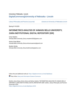 Informetrics Analysis of Ahmadu Bello University, Zaria Institutional Digital Repository (Idr)