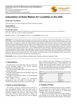 Calculation of Solar Motion for Localities in the USA