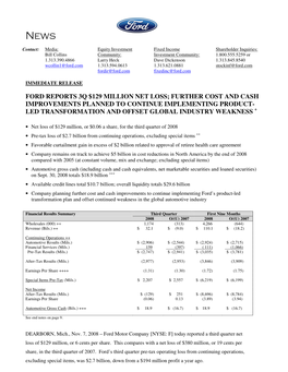 Ford Reports 3Q $129 Million Net Loss; Further Cost