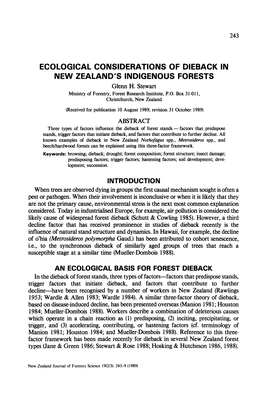 ECOLOGICAL CONSIDERATIONS of DIEBACK in NEW ZEALAND's INDIGENOUS FORESTS Glenn H