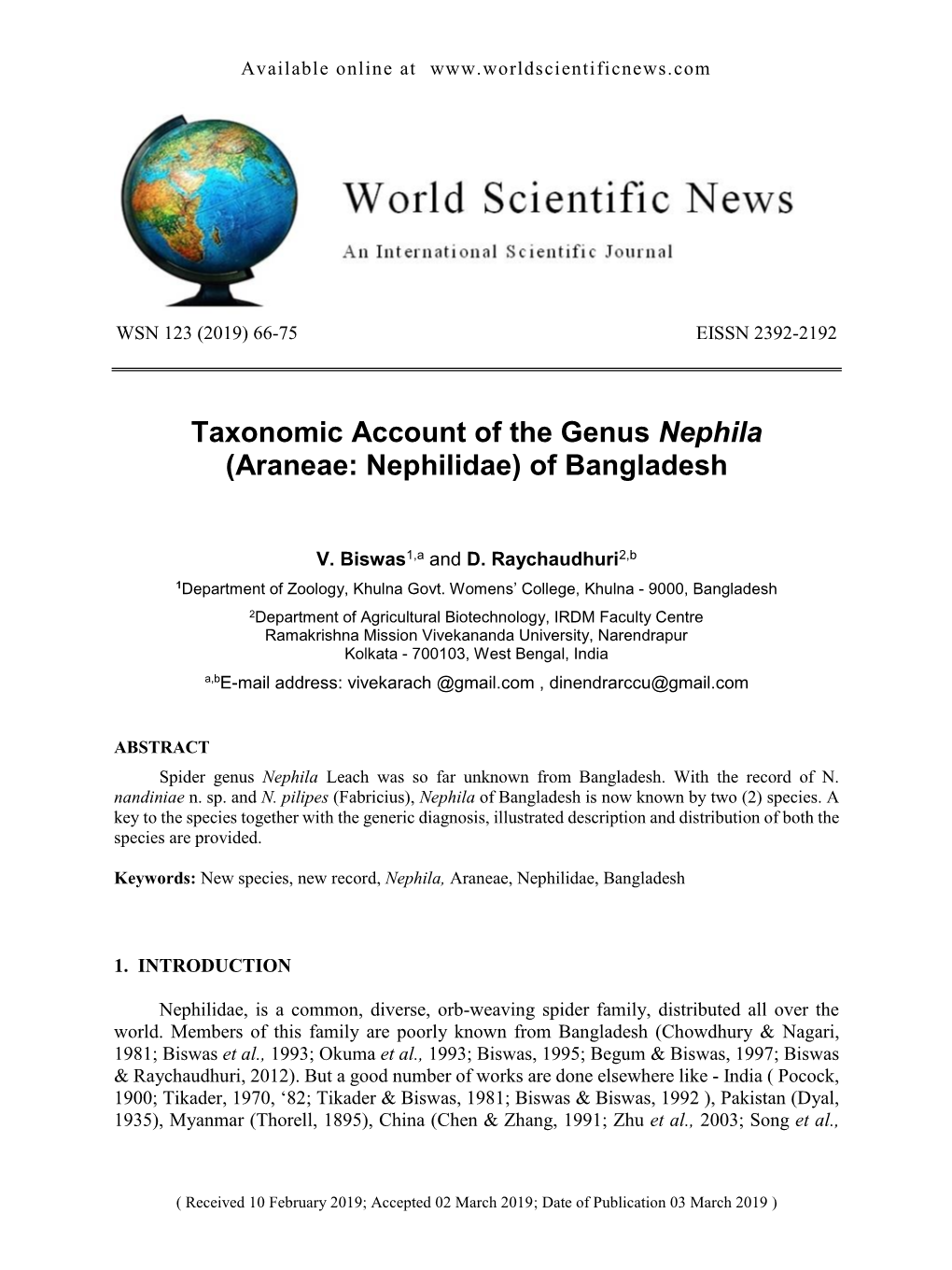 Taxonomic Account of the Genus Nephila (Araneae: Nephilidae) of Bangladesh