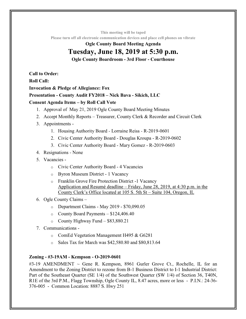 Tuesday, June 18, 2019 at 5:30 P.M. Ogle County Boardroom - 3Rd Floor - Courthouse