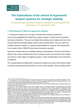 The Implications of the Advent of Hypersonic Weapon Systems for Strategic Stability