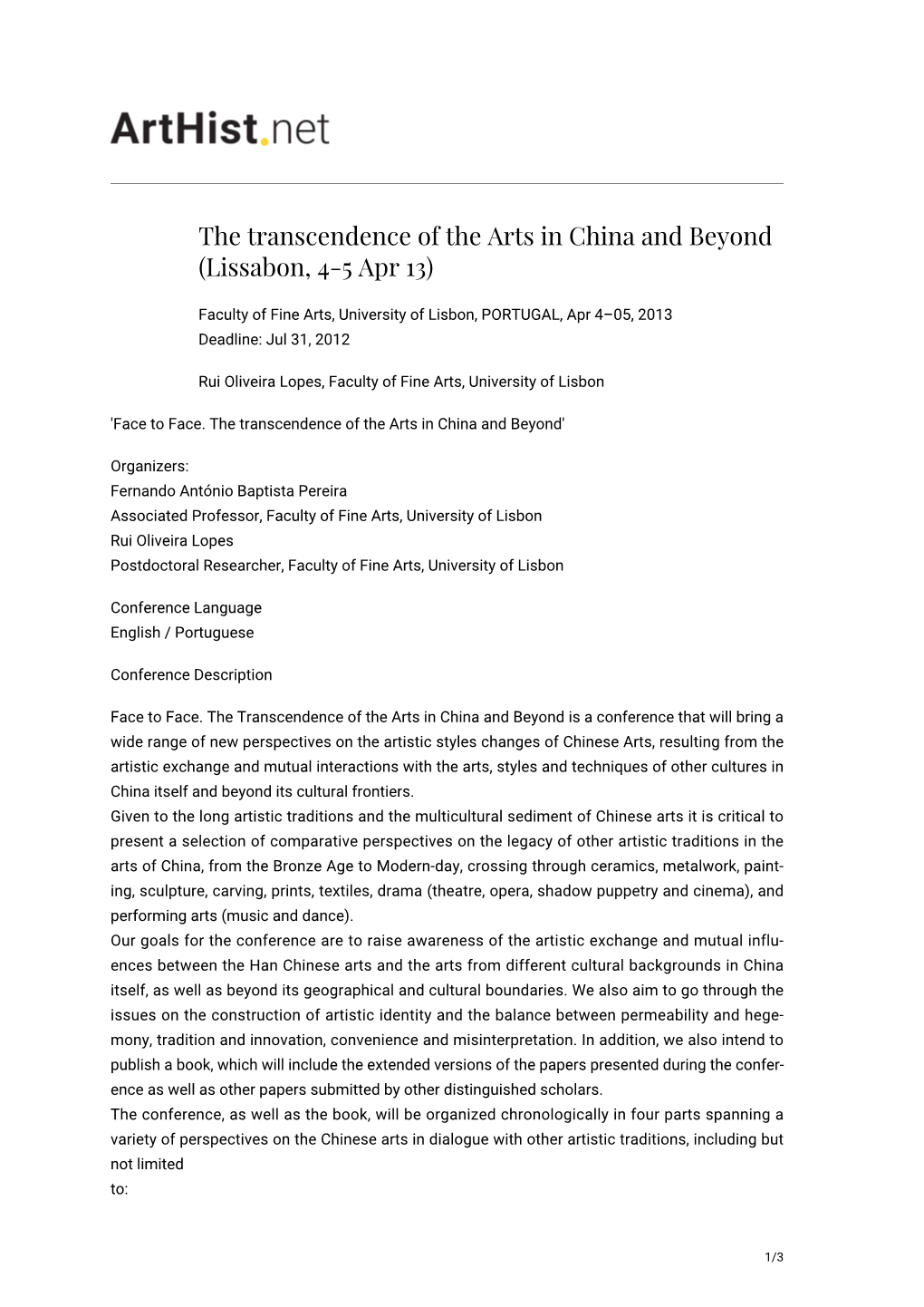 The Transcendence of the Arts in China and Beyond (Lissabon, 4-5 Apr 13)