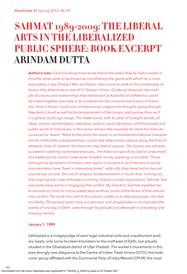 Sahmat 1989-2009: the Liberal Arts in the Liberalized Public Sphere: Book Excerpt Arindam Dutta