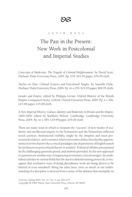 New Work in Postcolonial and Imperial Studies
