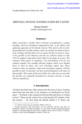 DID PAUL INVENT JUSTIFICATION by FAITH? Hanna Stettler (Stettler-Richter@Gmx.Net)