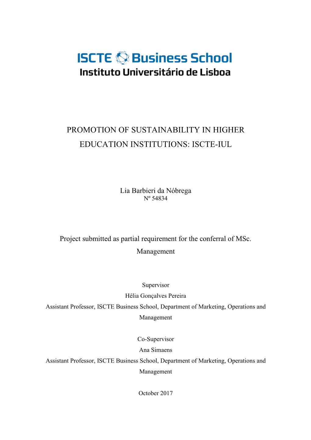 Promotion of Sustainability in Higher Education Institutions: Iscte-Iul