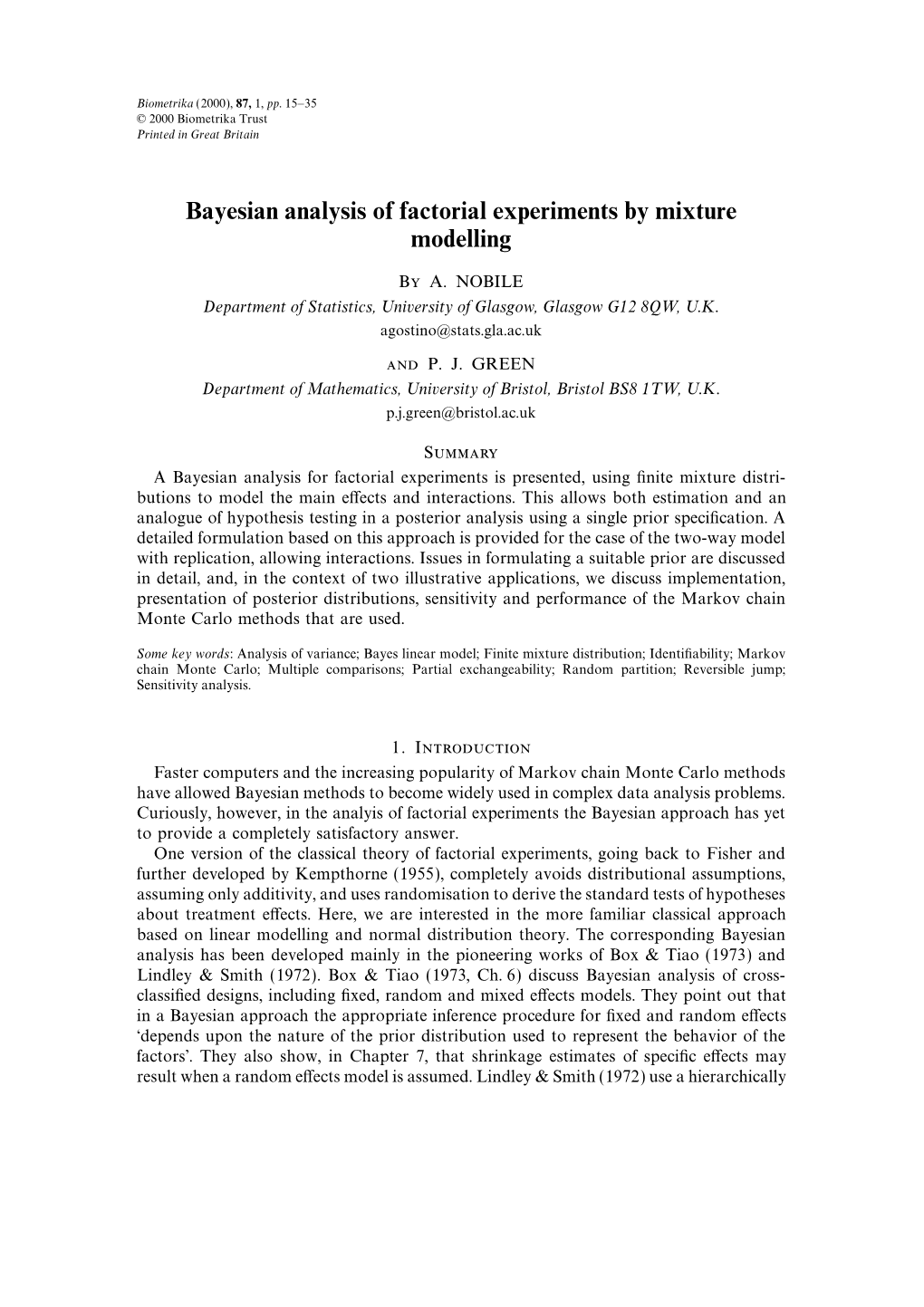 Bayesian Analysis of Factorial Experiments by Mixture Modelling