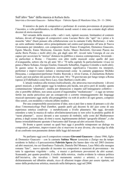 Della Musica Di Raffaele Bella Intervista a Giovanni Guaccero – Sabina Meyer – Fabrizio Spera (Il Manifesto/Alias, 20 - 11- 2004)