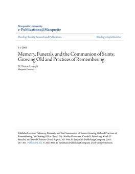 Memory, Funerals, and the Communion of Saints: Growing Old and Practices of Remembering M