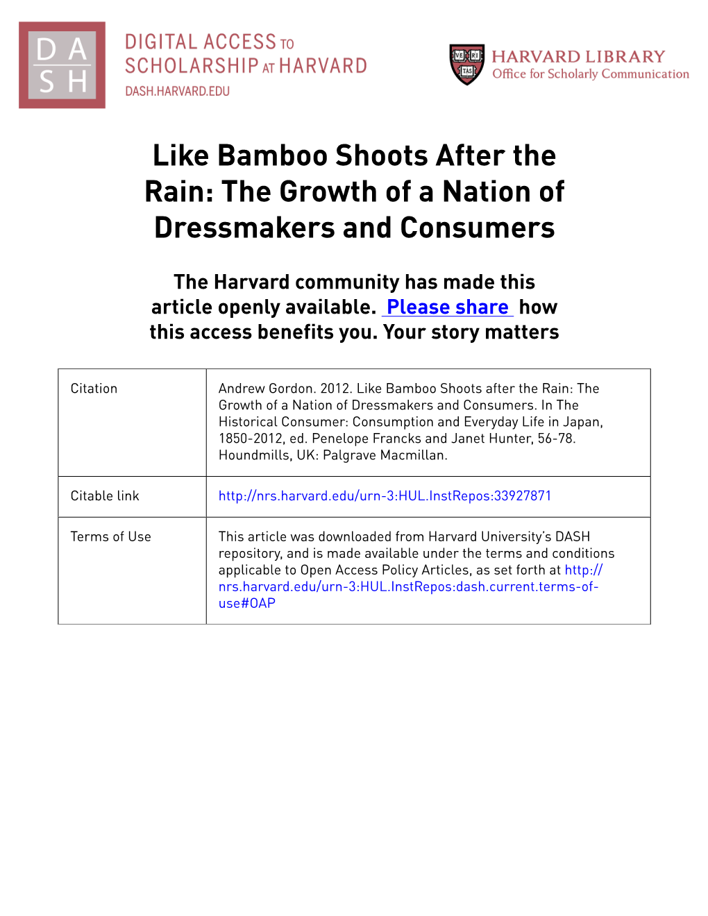 Like Bamboo Shoots After the Rain: the Growth of a Nation of Dressmakers and Consumers