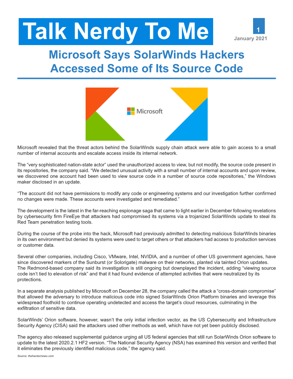 Talk Nerdy to Me January 2021 Microsoft Says Solarwinds Hackers Accessed Some of Its Source Code