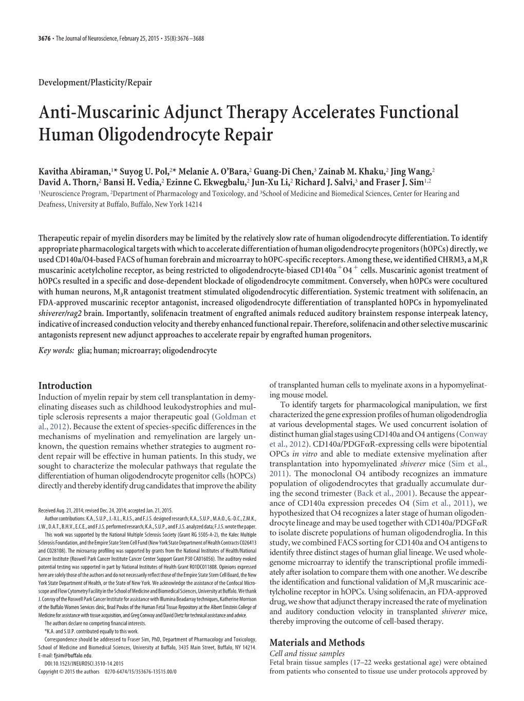 Anti-Muscarinic Adjunct Therapy Accelerates Functional Human Oligodendrocyte Repair