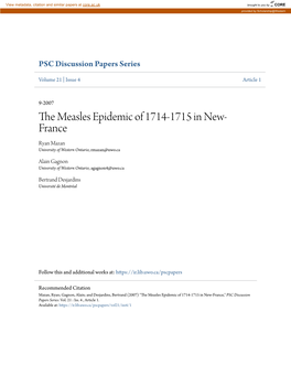 The Measles Epidemic of 1714-1715 in New-France