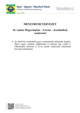 MENETREND TERVEZET 16. Számú, Hegyeshalom – Csorna