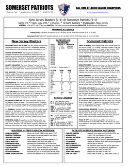 SOMERSET PATRIOTS SIX-TIME ATLANTIC LEAGUE CHAMPIONS 1 Patriots Park * Bridgewater, NJ 08807 * 908.252.0700