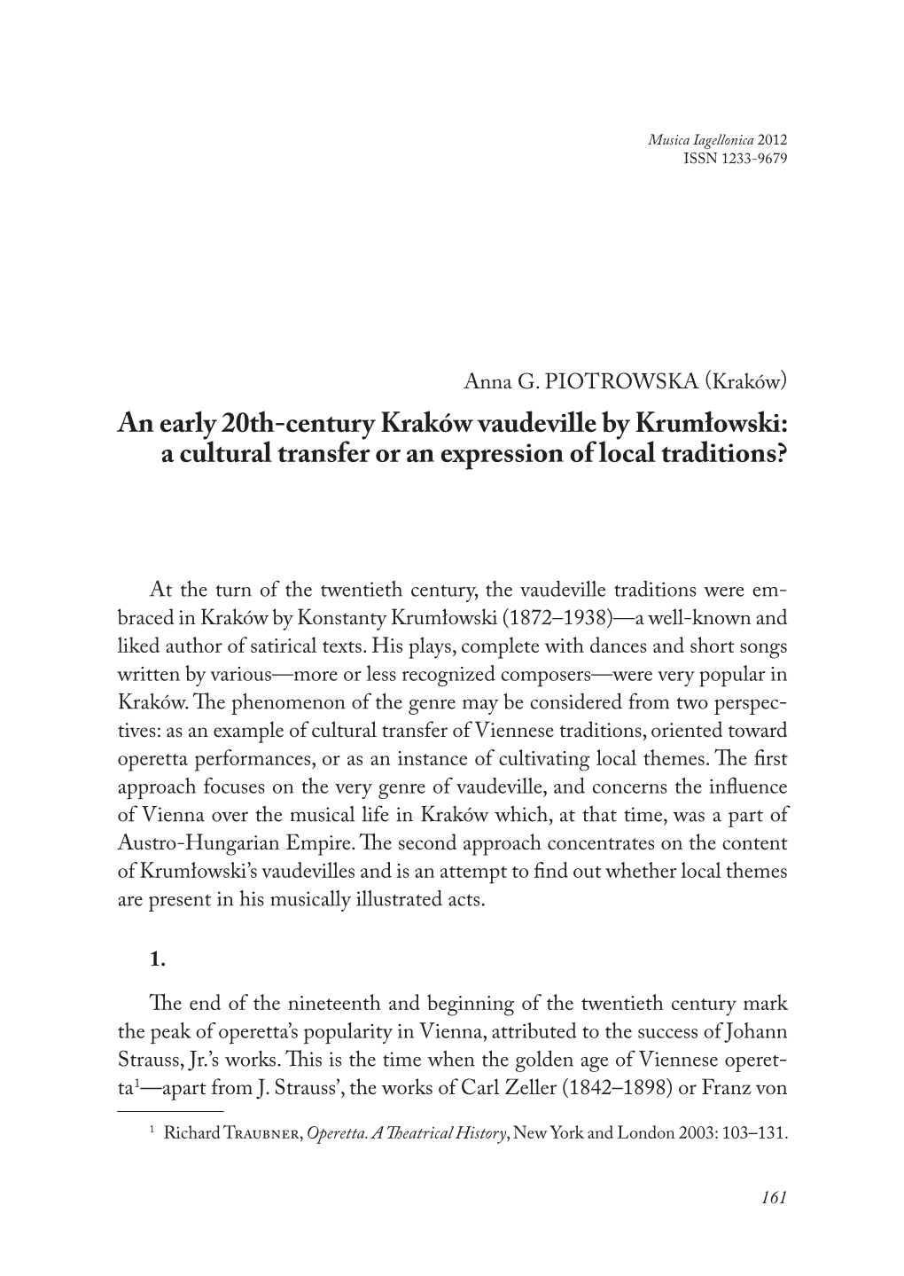 An Early 20Th-Century Kraków Vaudeville by Krumłowski: a Cultural Transfer Or an Expression of Local Traditions?