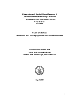 Università Degli Studi Di Napoli Federico II Dottorato Di Ricerca in Filologia Moderna Coordinatore: Prof