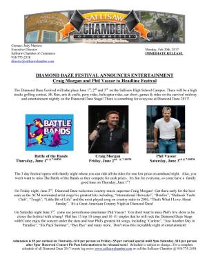 DIAMOND DAZE FESTIVAL ANNOUNCES ENTERTAINMENT Craig Morgan and Phil Vassar to Headline Festival