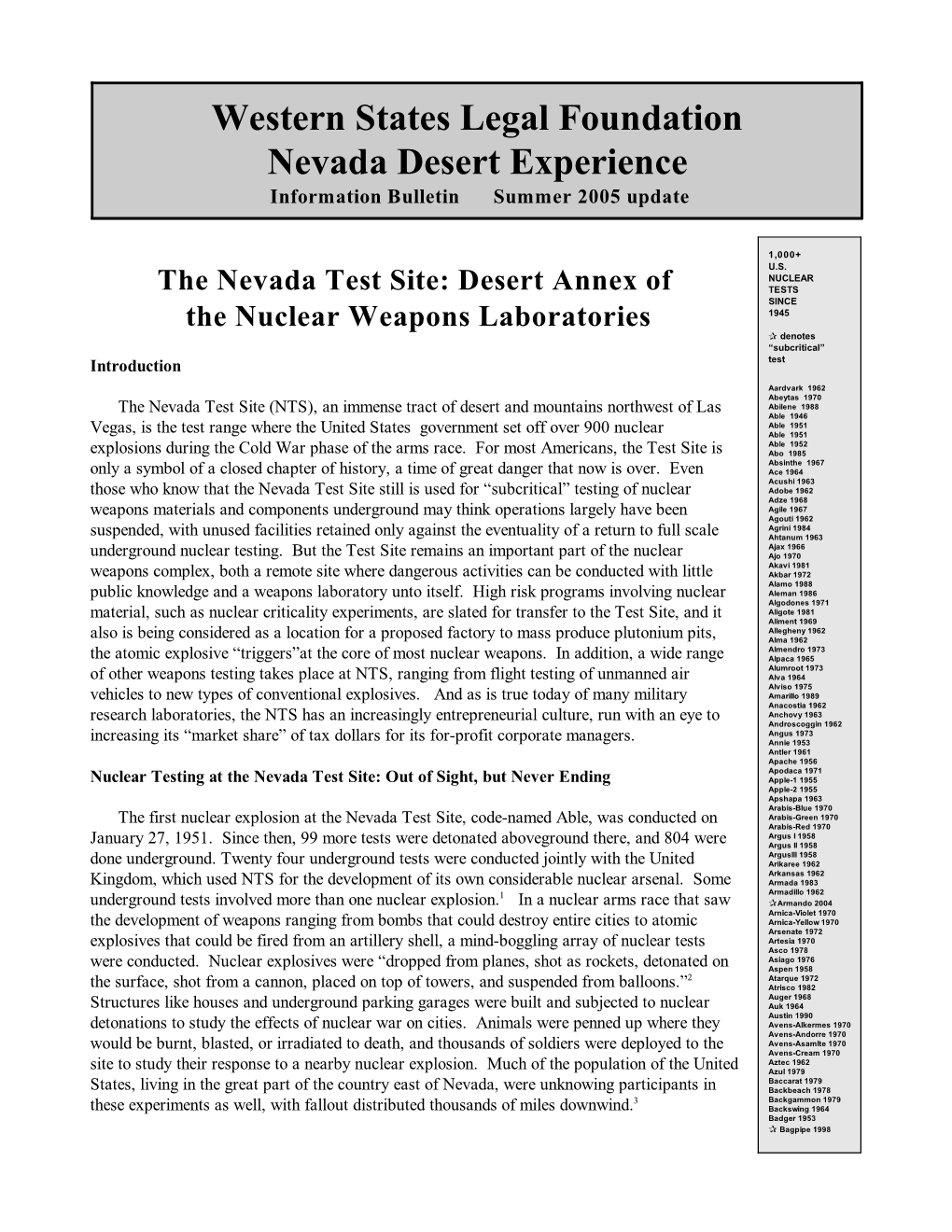 Nevada Test Site: Desert Annex of TESTS SINCE the Nuclear Weapons Laboratories 1945 Q Denotes “Subcritical” Introduction Test