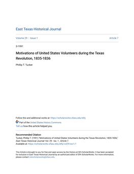 Motivations of United States Volunteers During the Texas Revolution, 1835-1836